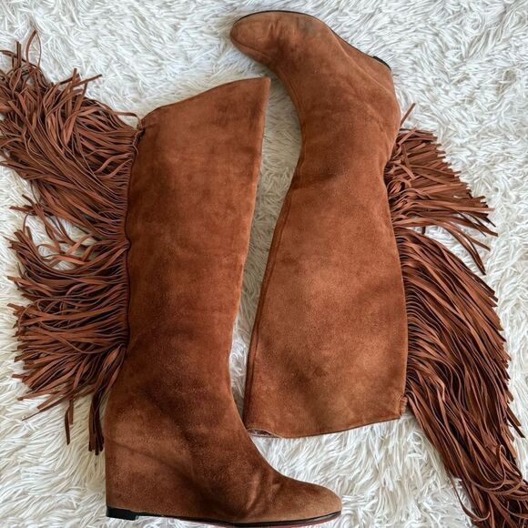 Christian Louboutin Cognac Brown Suede Wedge Boots with Fringe Size 37.5 - Picture 2 of 11